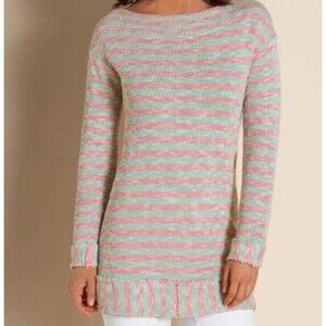 Soft Surroundings Striped Cotton Knit Tunic Sweater Pink Mint Green Pockets M
